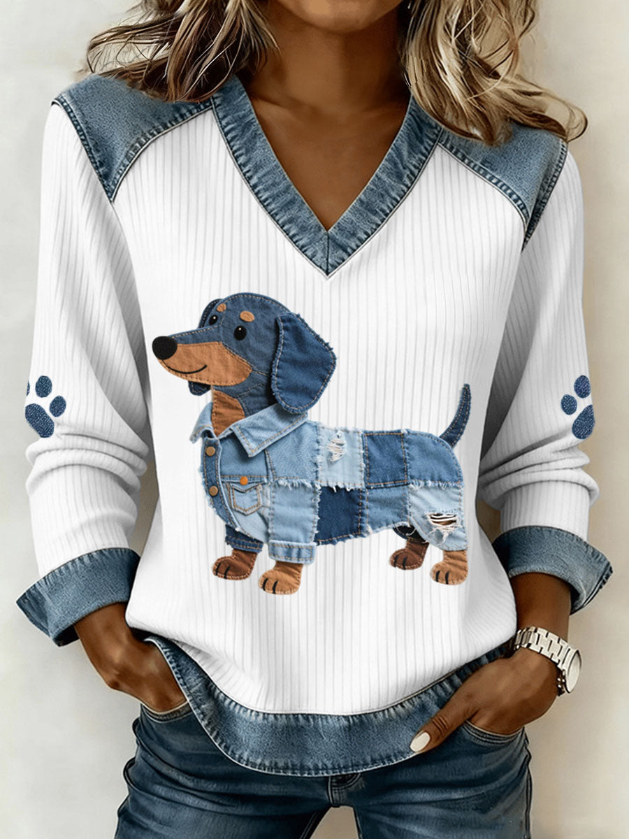Dámske roztomilý dachshund vzor džínsový patchwork umenie v-neck top
