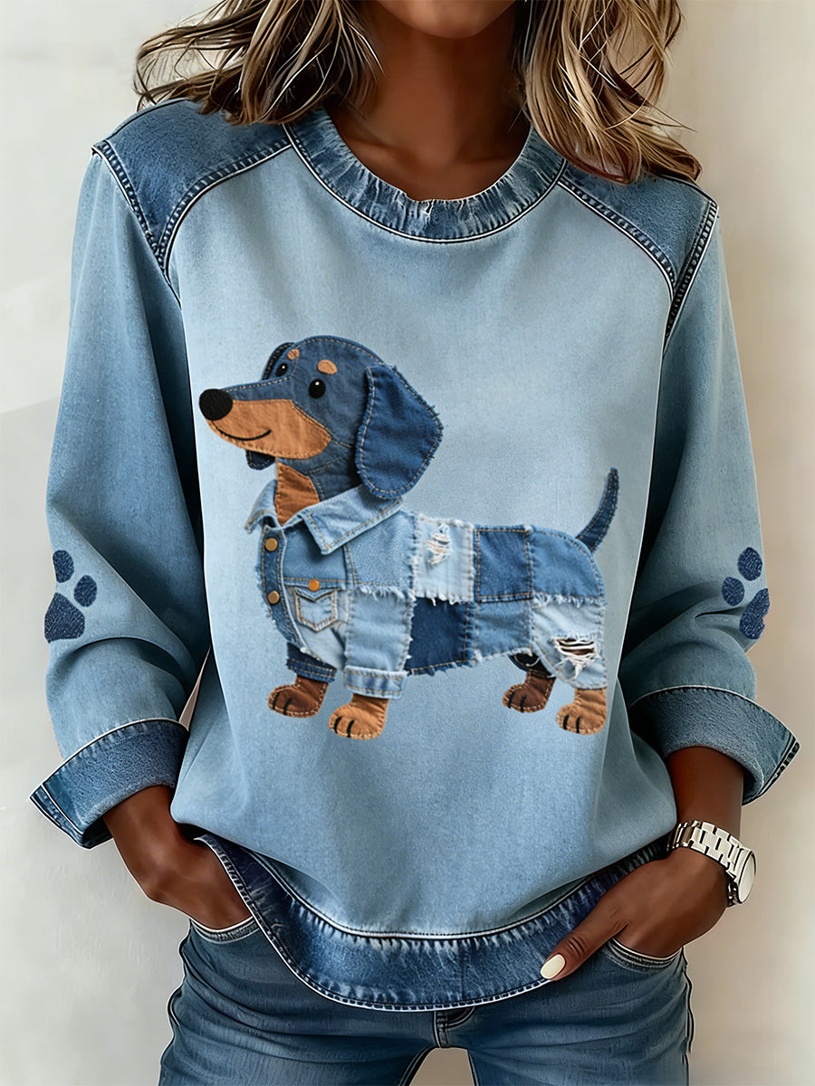Dámske dachshund vzor džínsový patchwork umenie mikina