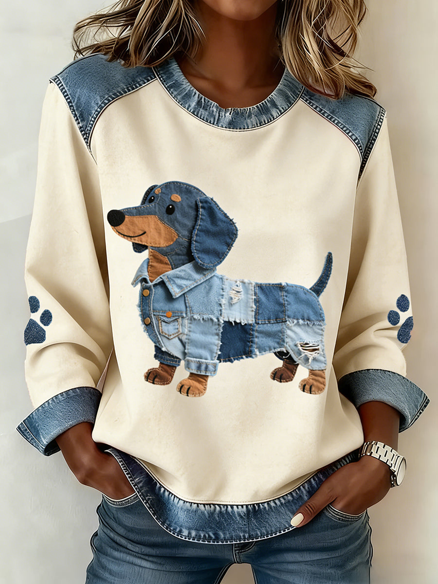 Dámske dachshund vzor džínsový patchwork umenie mikina