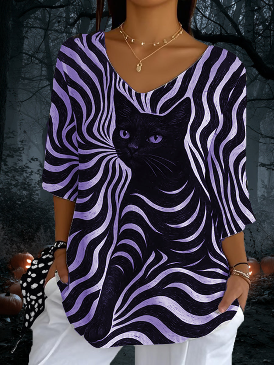 Dámske čierne mačky pruhy príležitostné s dlhým rukávom top