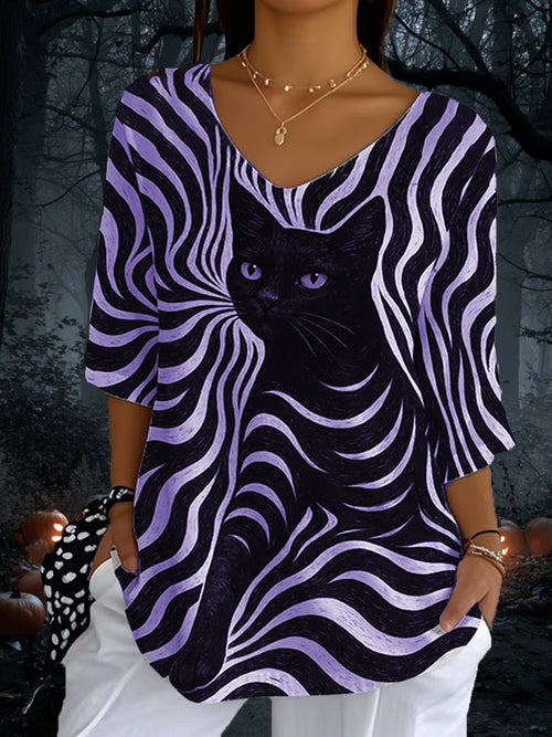 Dámske čierne mačky pruhy príležitostné s dlhým rukávom top