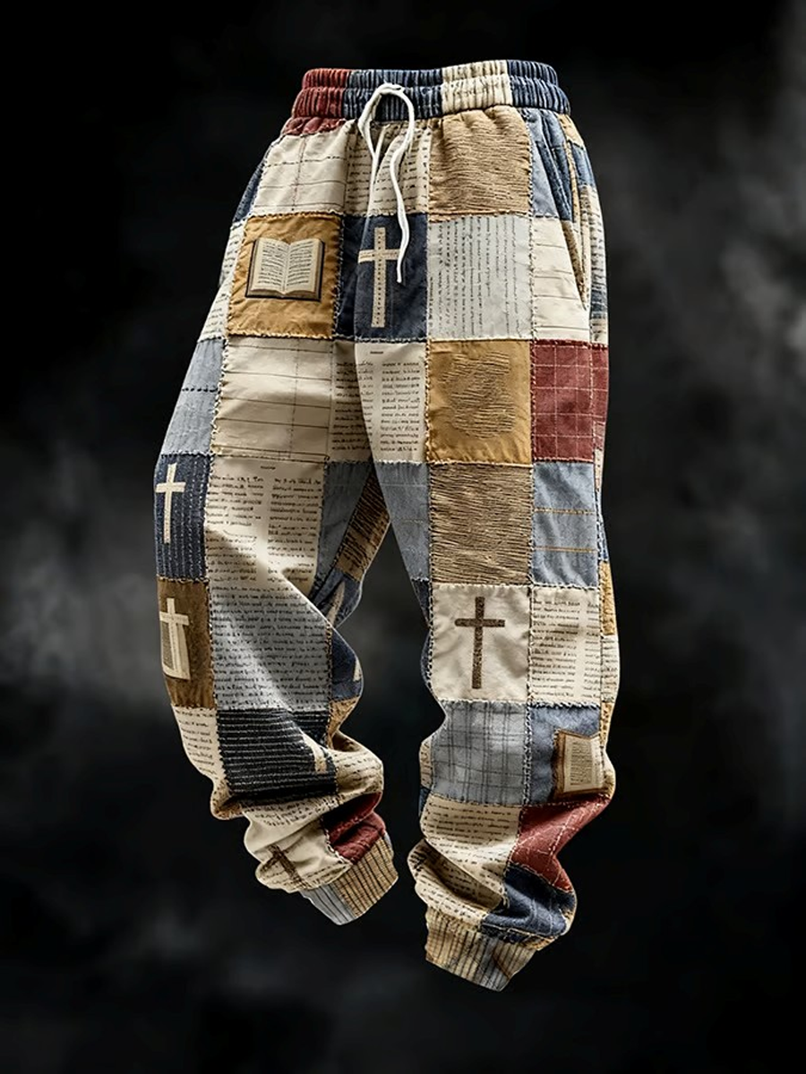 Pánske patchwork of faith vytlačené elegantné voľné pohodlné nohavice