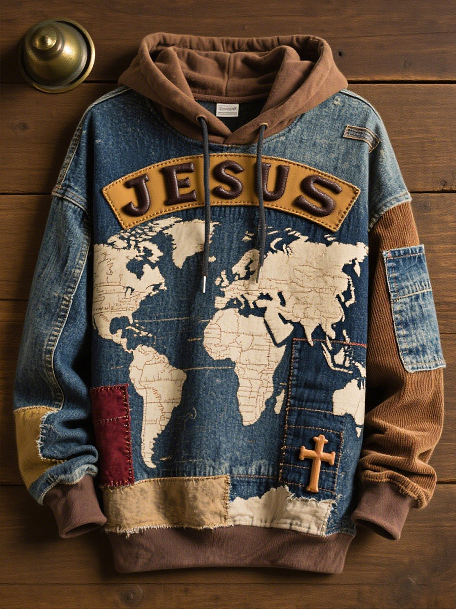 Pánske retro príležitostné viera kríž art tlač nadmerné kvapka-rameno vrecká mikina