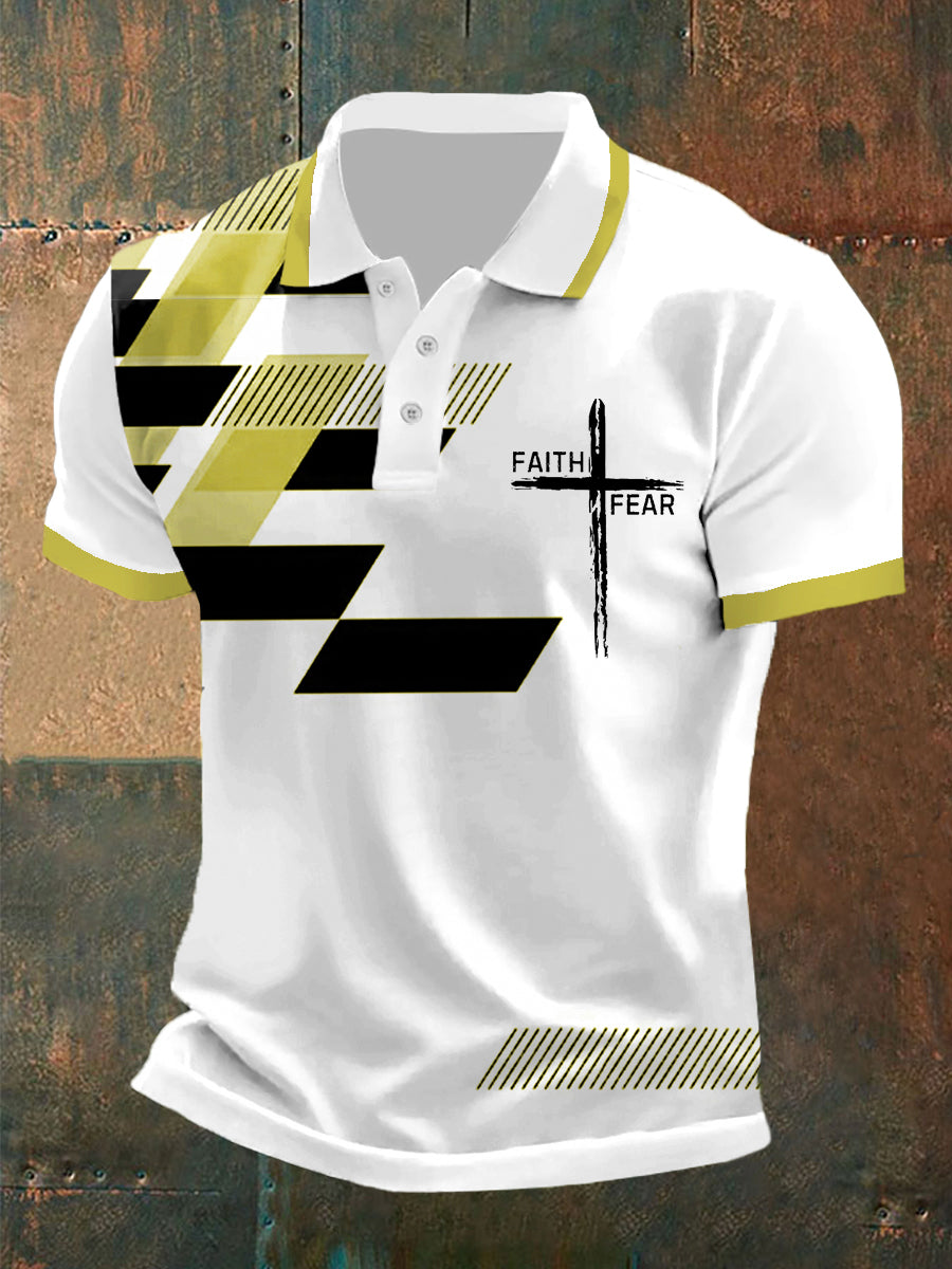 Pánska viera nad strachom kríž viera geometrická tlač príležitostné pólo
