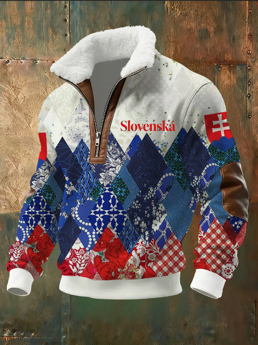 Pánske fleece-lemované stojan-golier mikina so slovenskou inšpirovanou tlačiarňou