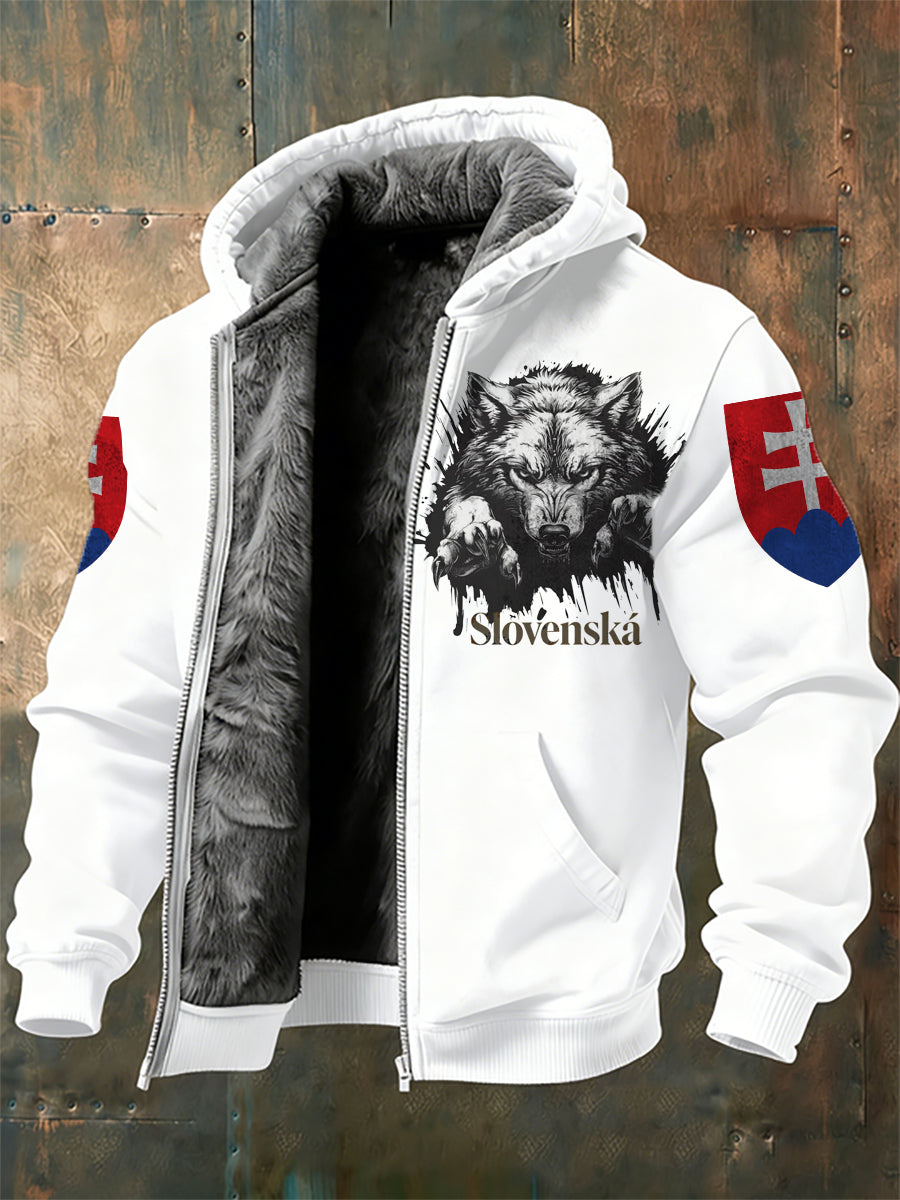 Pánska bunda s kapucňou s slovenskou inšpirovanou potlačou a fleecovou podšívkou