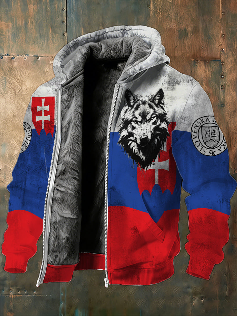 Pánska bunda s kapucňou s slovenskou inšpirovanou potlačou a fleecovou podšívkou