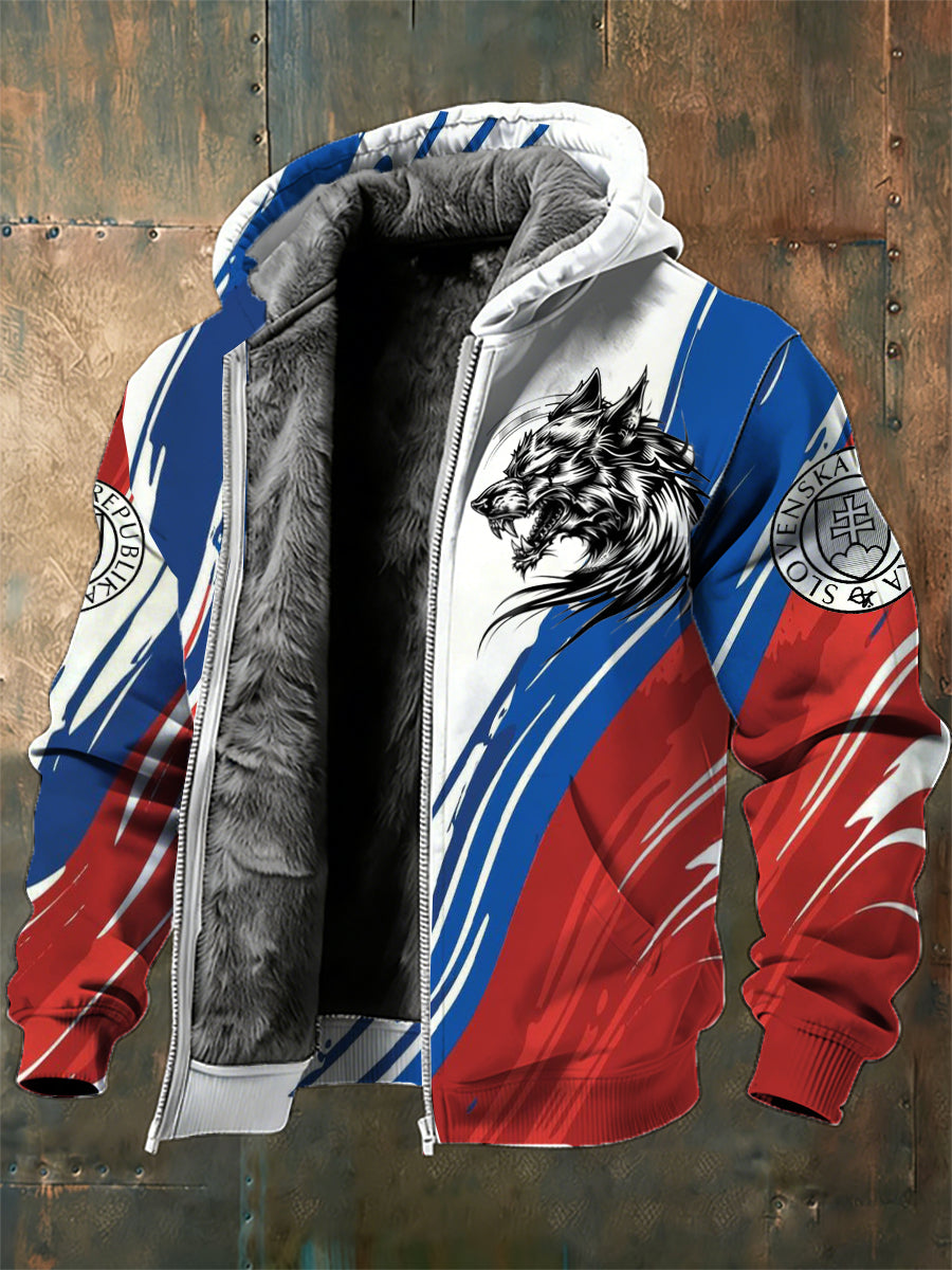 Pánska bunda s kapucňou s slovenskou inšpirovanou potlačou a fleecovou podšívkou