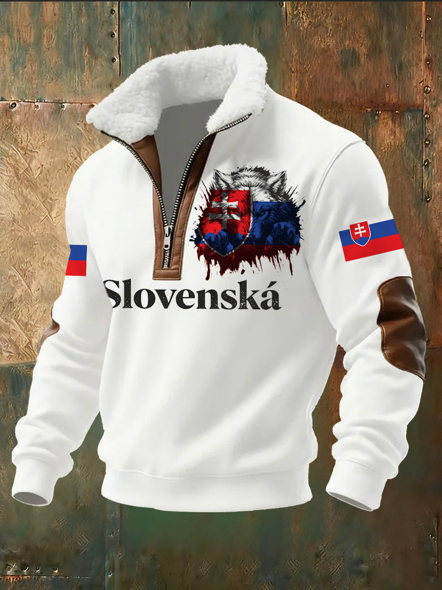 Pánske fleece-lemované stojan-golier mikina so slovenskou inšpirovanou tlačiarňou