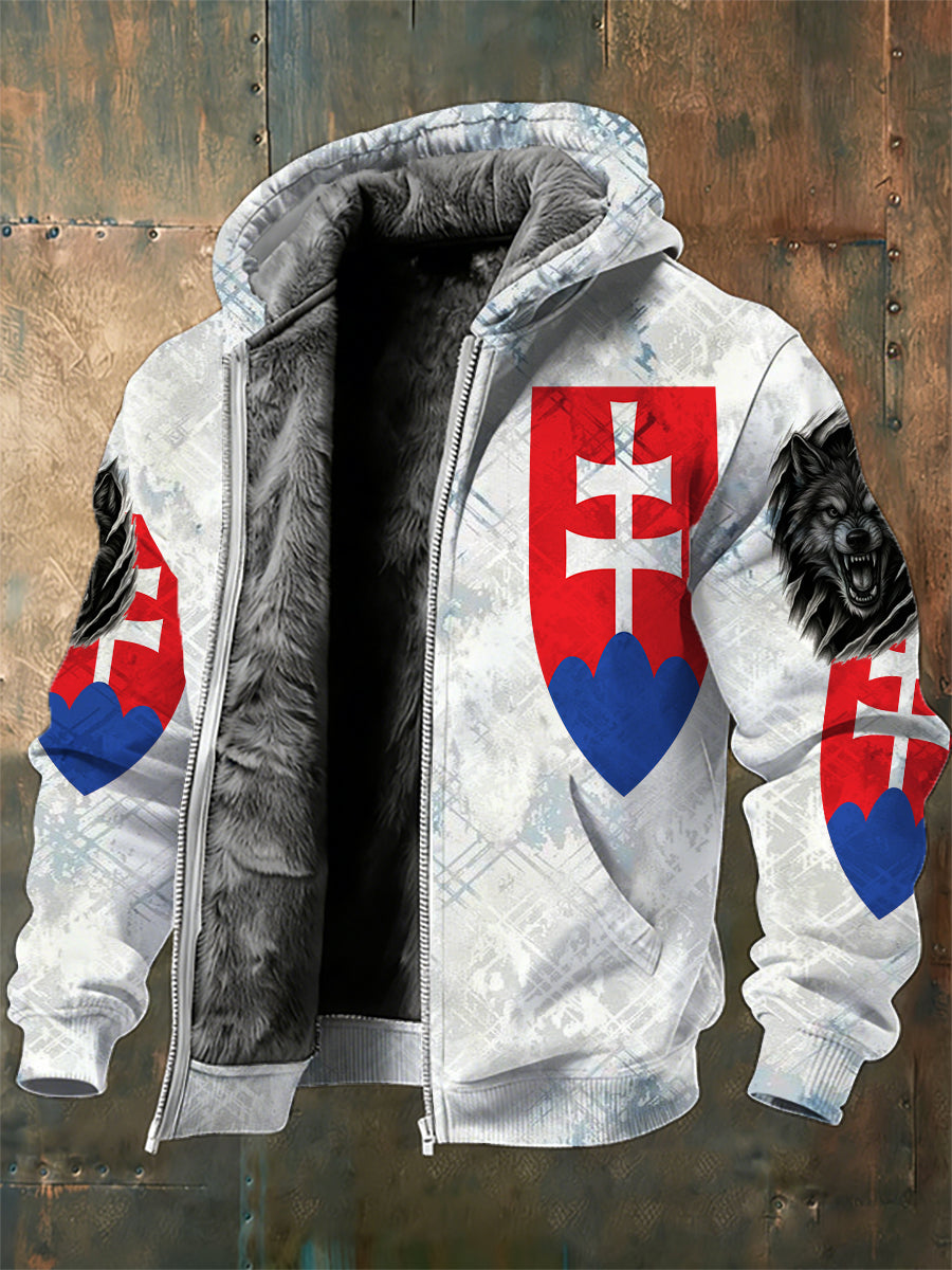 Pánska bunda s kapucňou s slovenskou inšpirovanou potlačou a fleecovou podšívkou