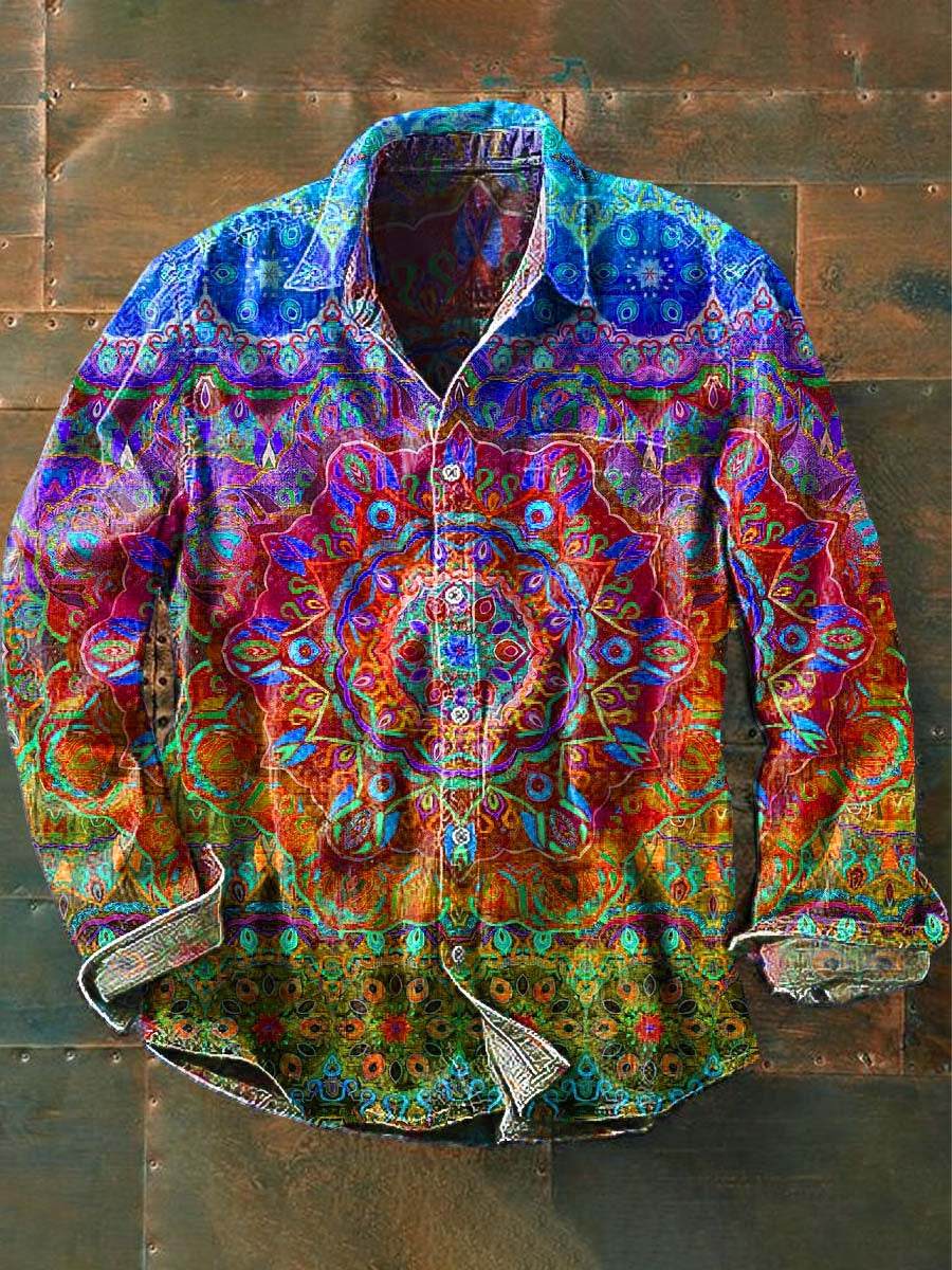 Pánske vintage mandala tlač príležitostné klop s dlhým rukávom tričko