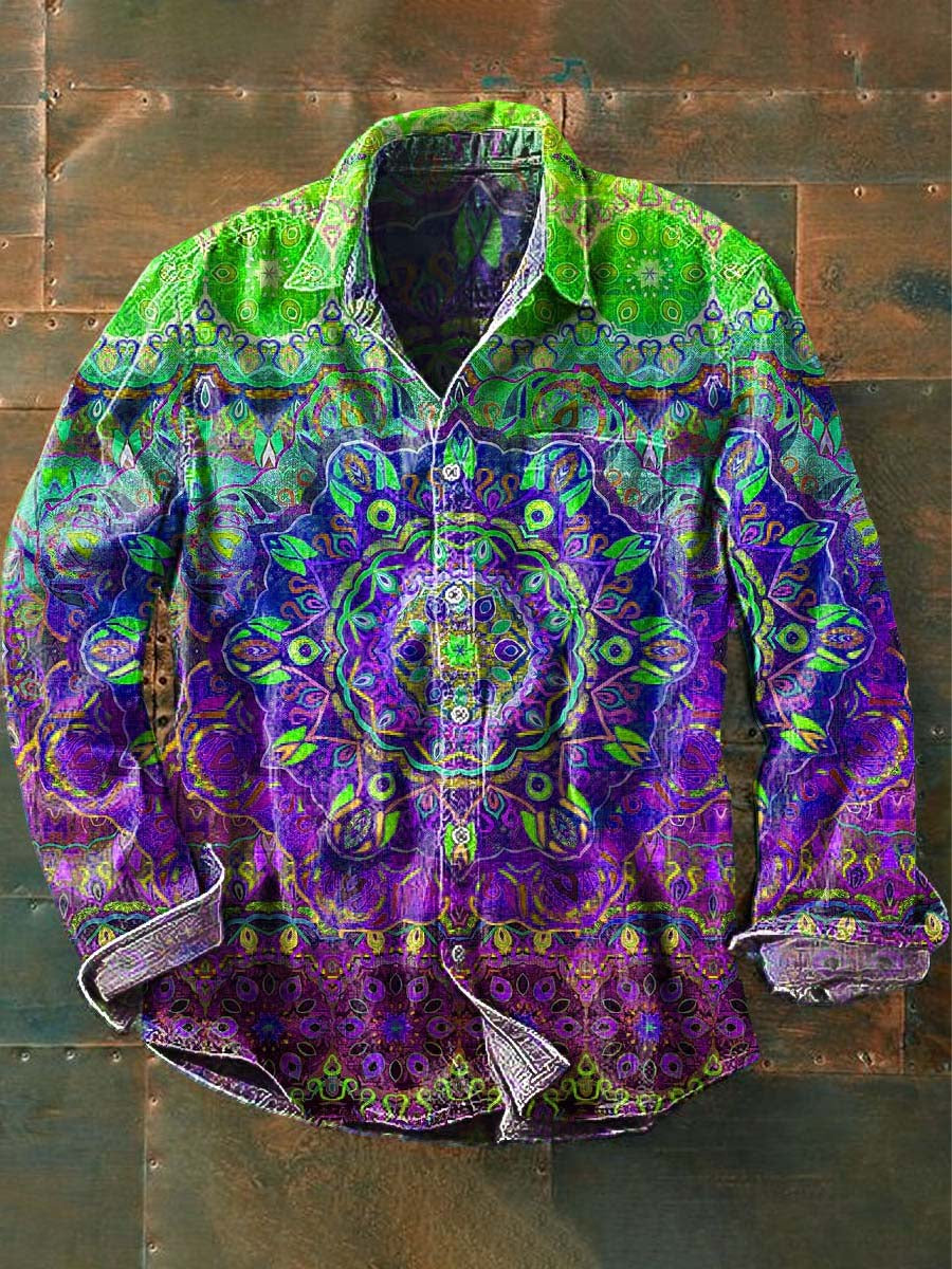 Pánske vintage mandala tlač príležitostné klop s dlhým rukávom tričko