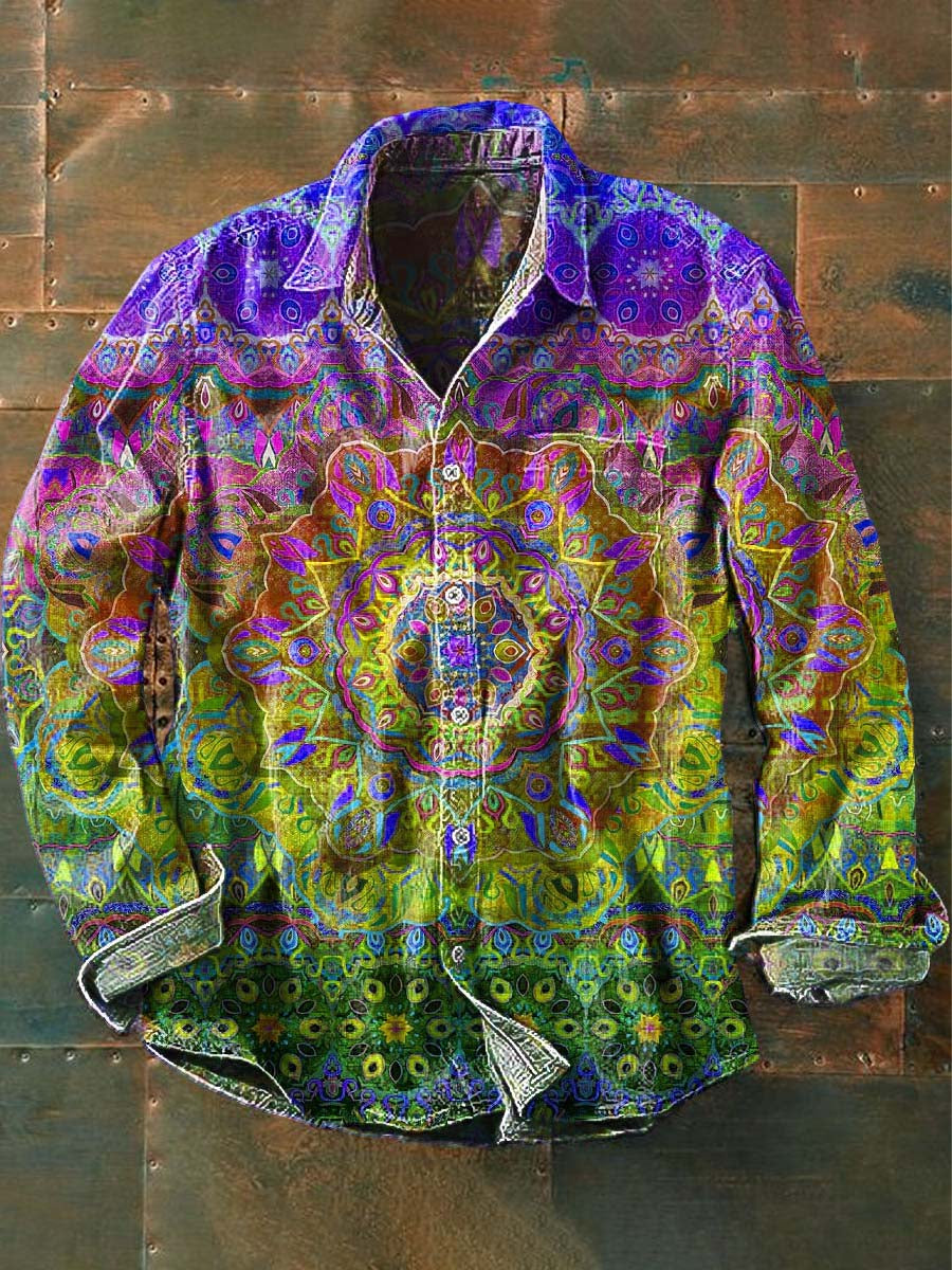 Pánske vintage mandala tlač príležitostné klop s dlhým rukávom tričko