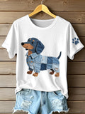 Dámske denim patchwork umenie dachshund vzor tričko