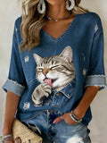 Retro roztomilý mačka džínsový patchwork art tlač príležitostné bavlnené tričko s dlhým rukávom