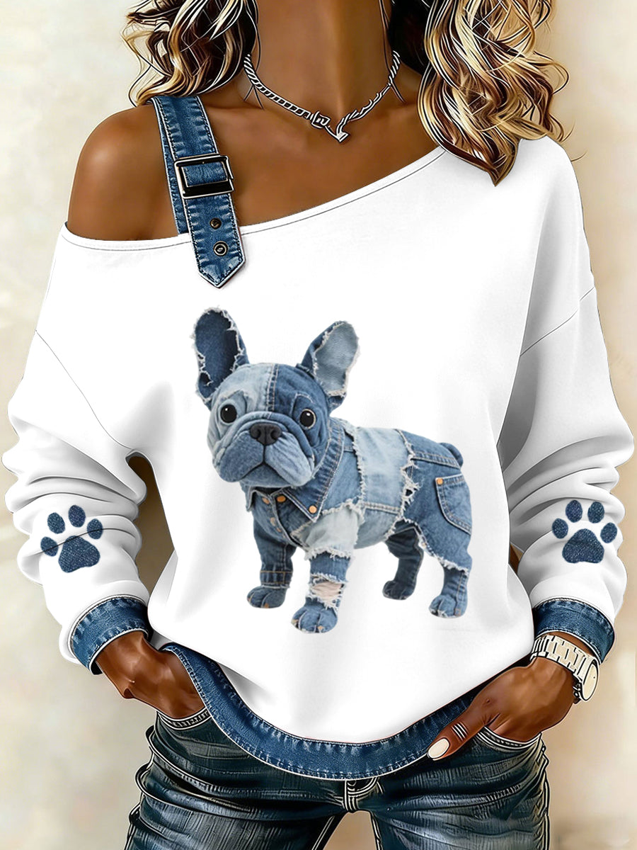 Dámske krásne francúzske buldog vzor denim patchwork top