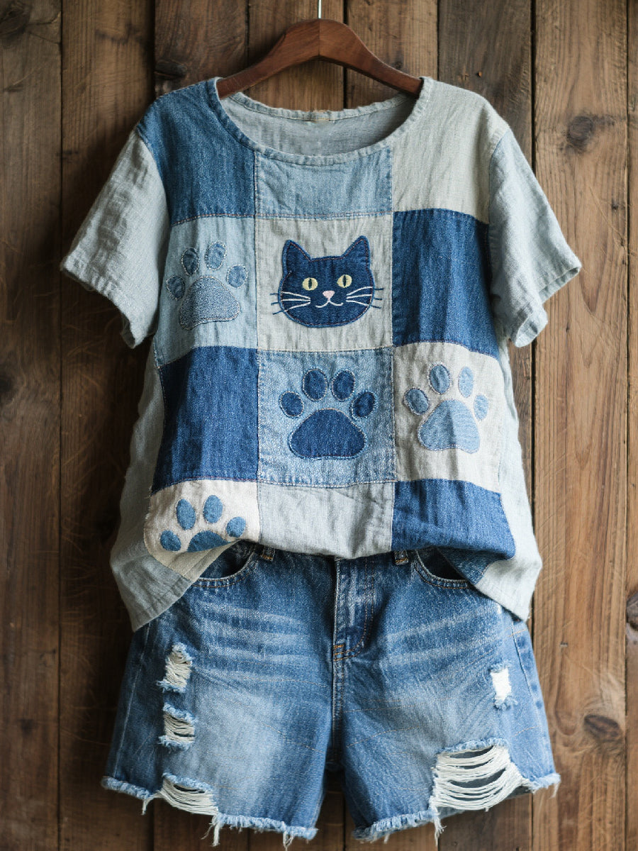 Dámske krásne mačka vzor patchwork art top