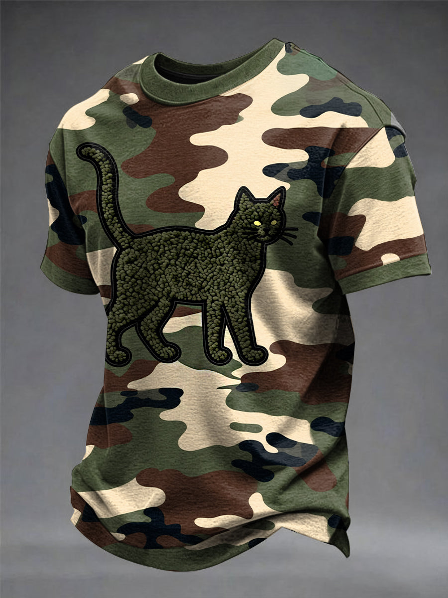 Pánske legrační kamufláž mačka tlač tričko