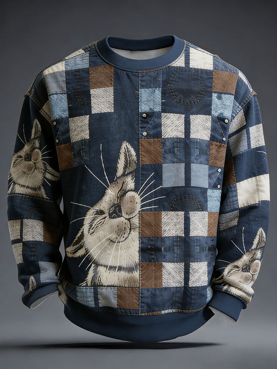 Pánske plátované mačky patchwork tlač posádky krku mikina