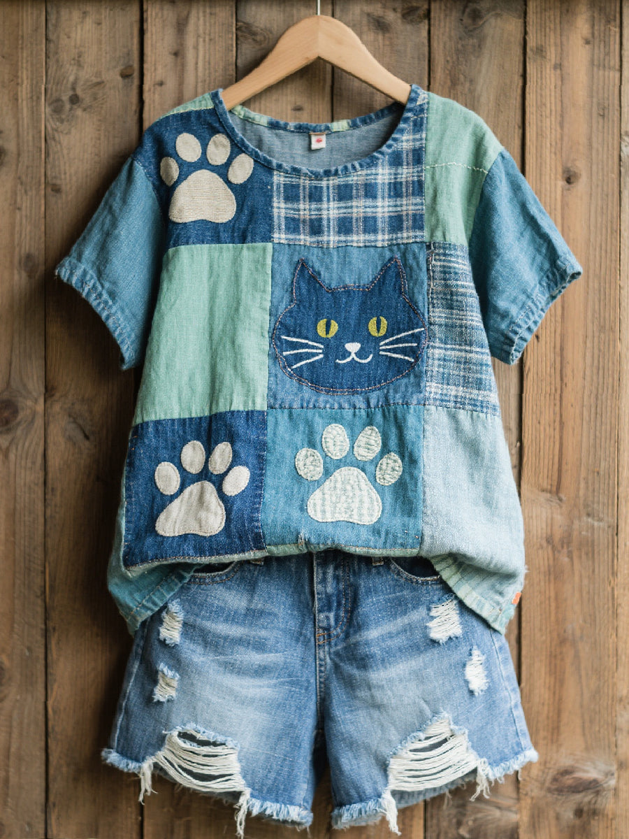 Dámske krásne mačka vzor patchwork art top