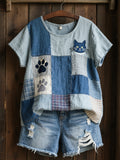 Dámske krásne mačka vzor patchwork umenie bielizeň tričko