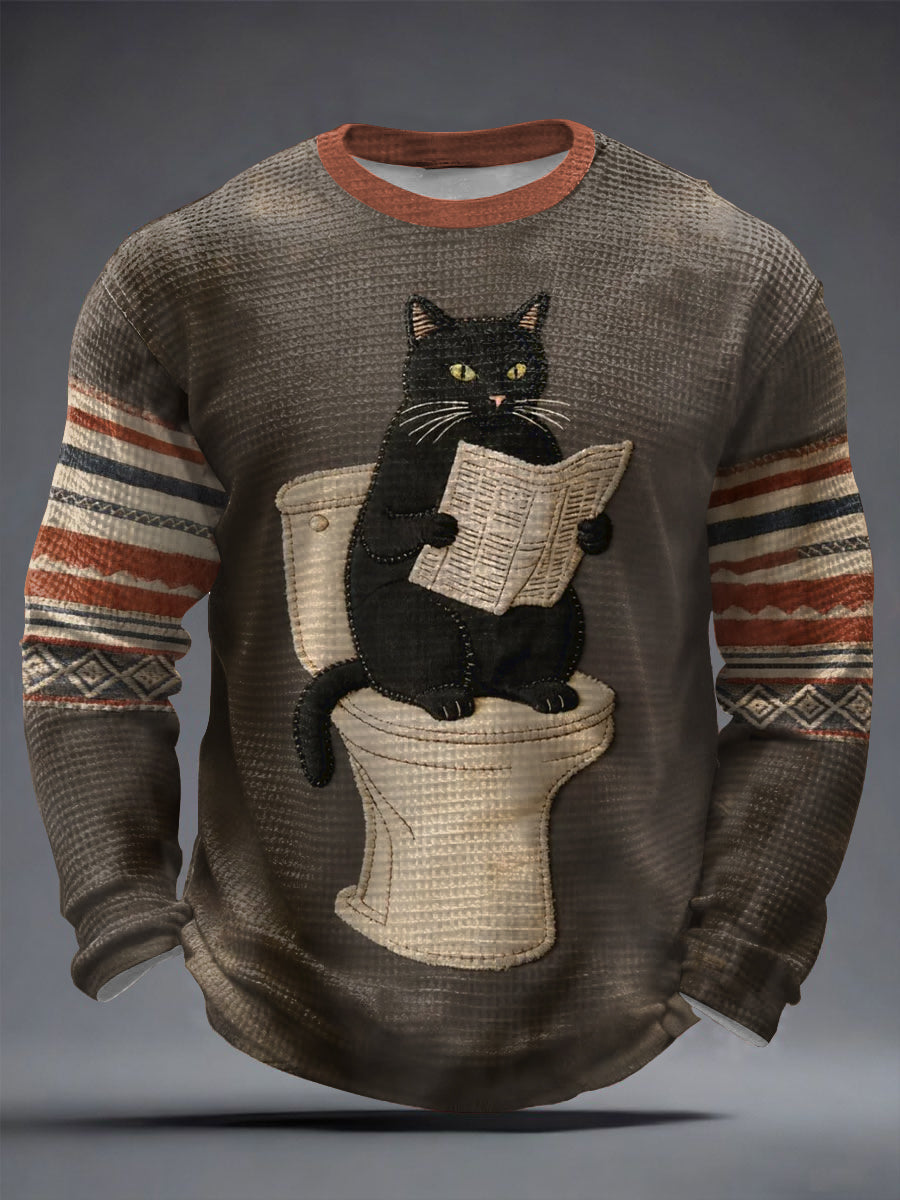 Pánske zábavné mačky toaletné vzory tlačiť príležitostné vafle s dlhým rukávom tričko