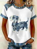 Dámske krásne dachshund vzor džínsový patchwork top