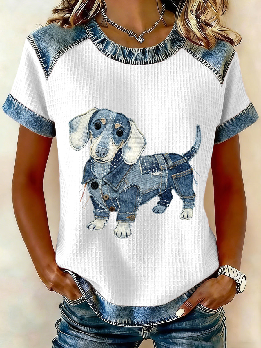 Dámske krásne dachshund vzor džínsový patchwork top