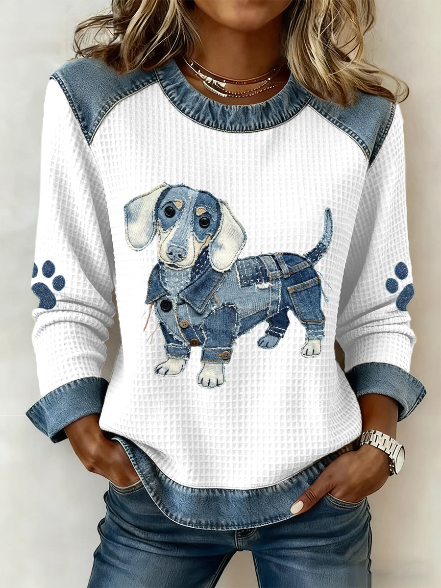 Dámske krásne dachshund vzor džínsový patchwork umenie mikina