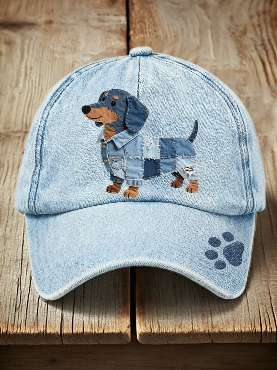 Unisex denim patchwork dachshund vzor klobúk