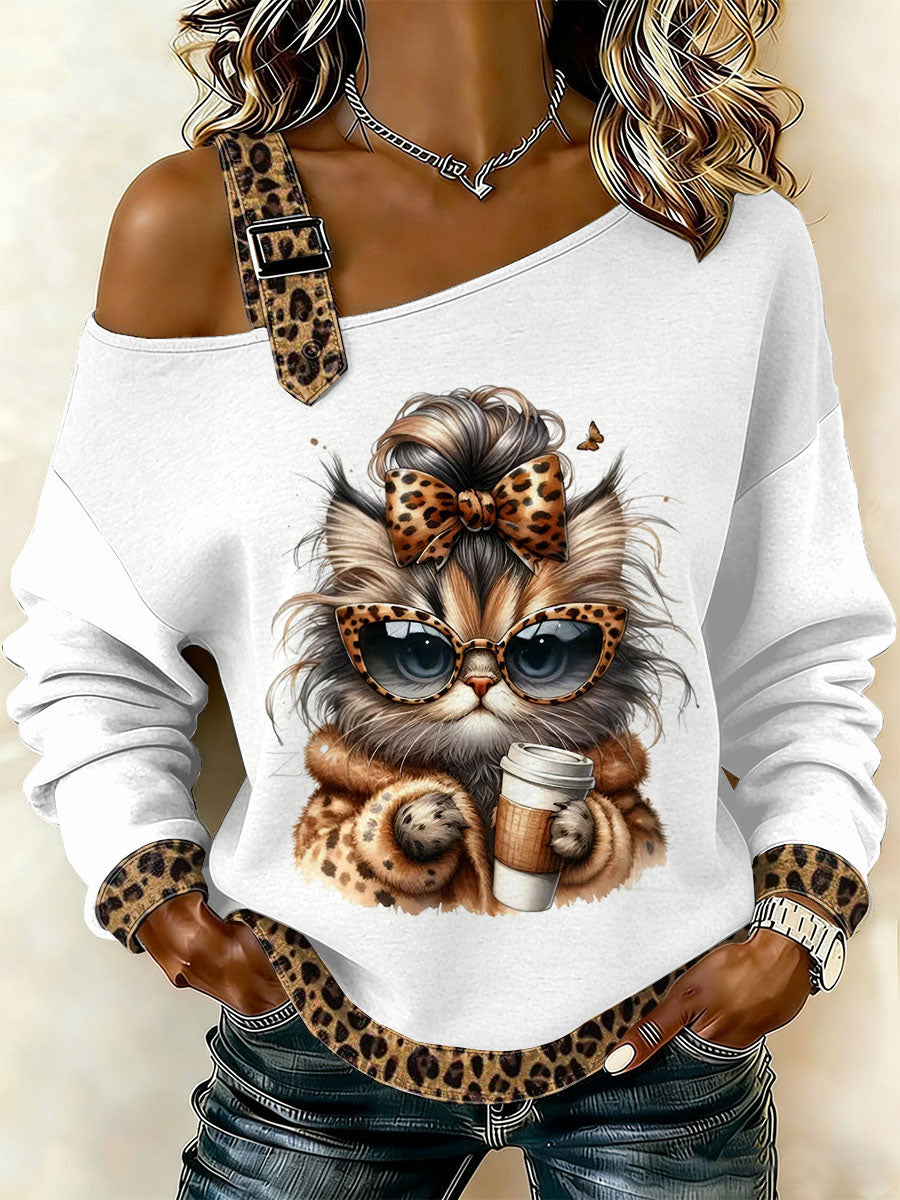 Dámske retro leopard cat patchwork vytlačené príležitostné off-rameno mikina