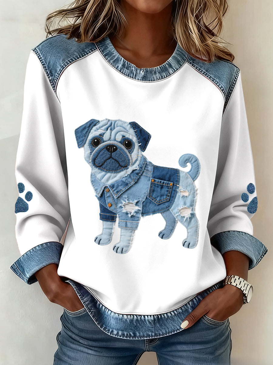Dámske krásne pug pes vzor denim patchwork umenie mikina