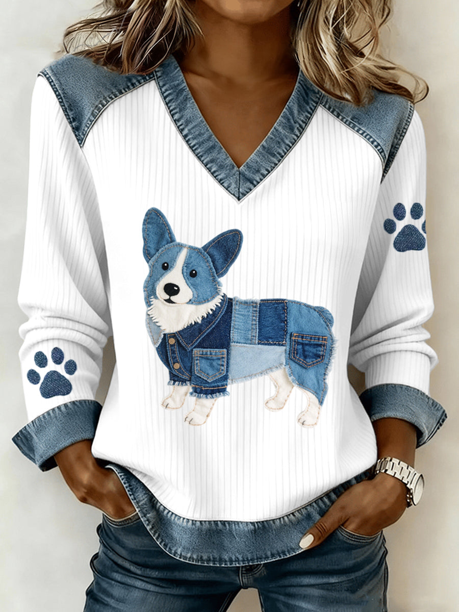 Dámske krásne corgi pes vzor denim patchwork v krku top