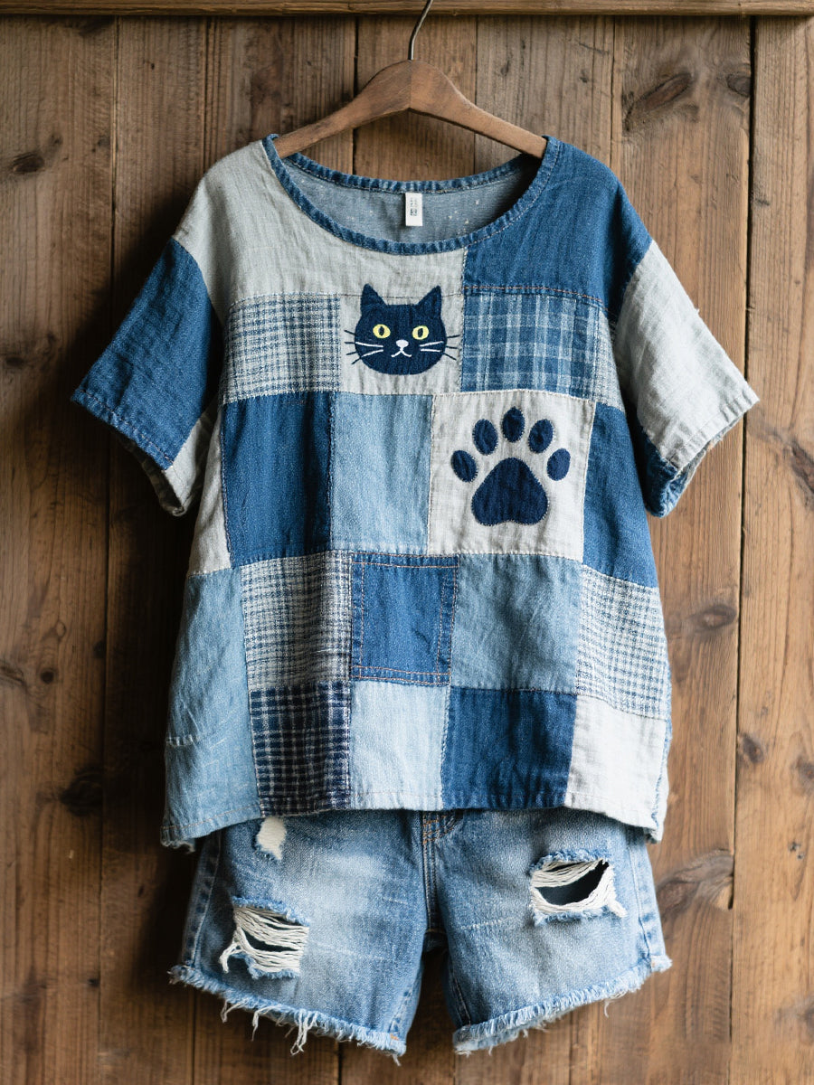 Dámske krásne mačka vzor patchwork umenie prádlo zmes tričko