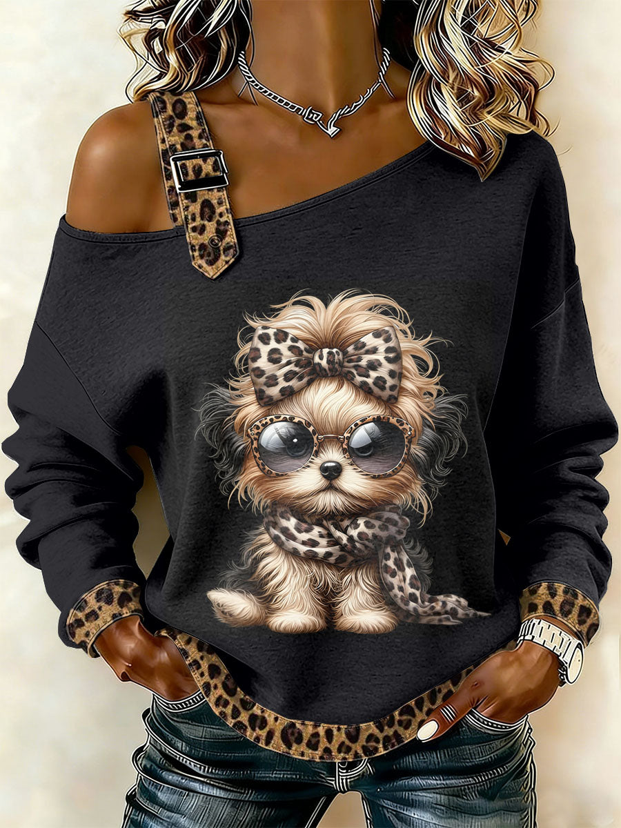 Dámske retro pes patchwork vytlačené príležitostné off-rameno mikina