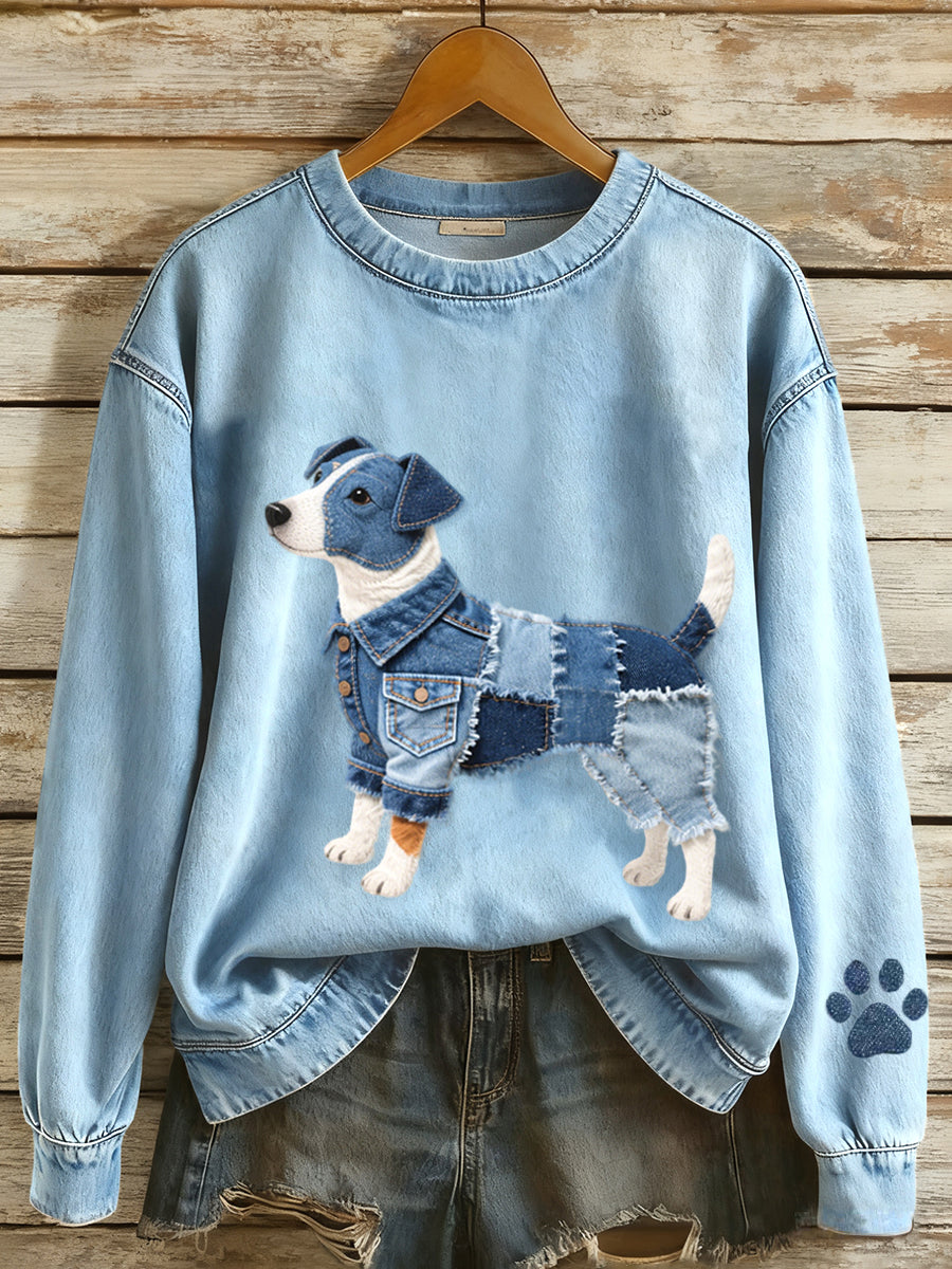 Dámske denim patchwork art jack russell teriér pes vzor mikina